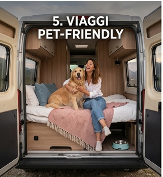donna e cane seduti sul letto del camper